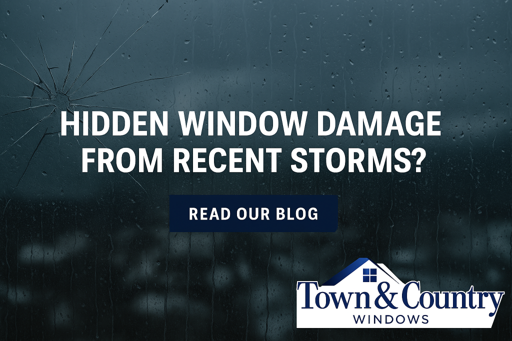 Cracked window with raindrops during a storm, promoting Town & Country Windows' blog on hidden storm damage in Frisco, TX.